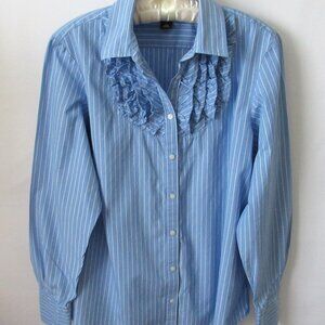 Gap blue white striped ruffled long sleeve button front blouse *Sz L*